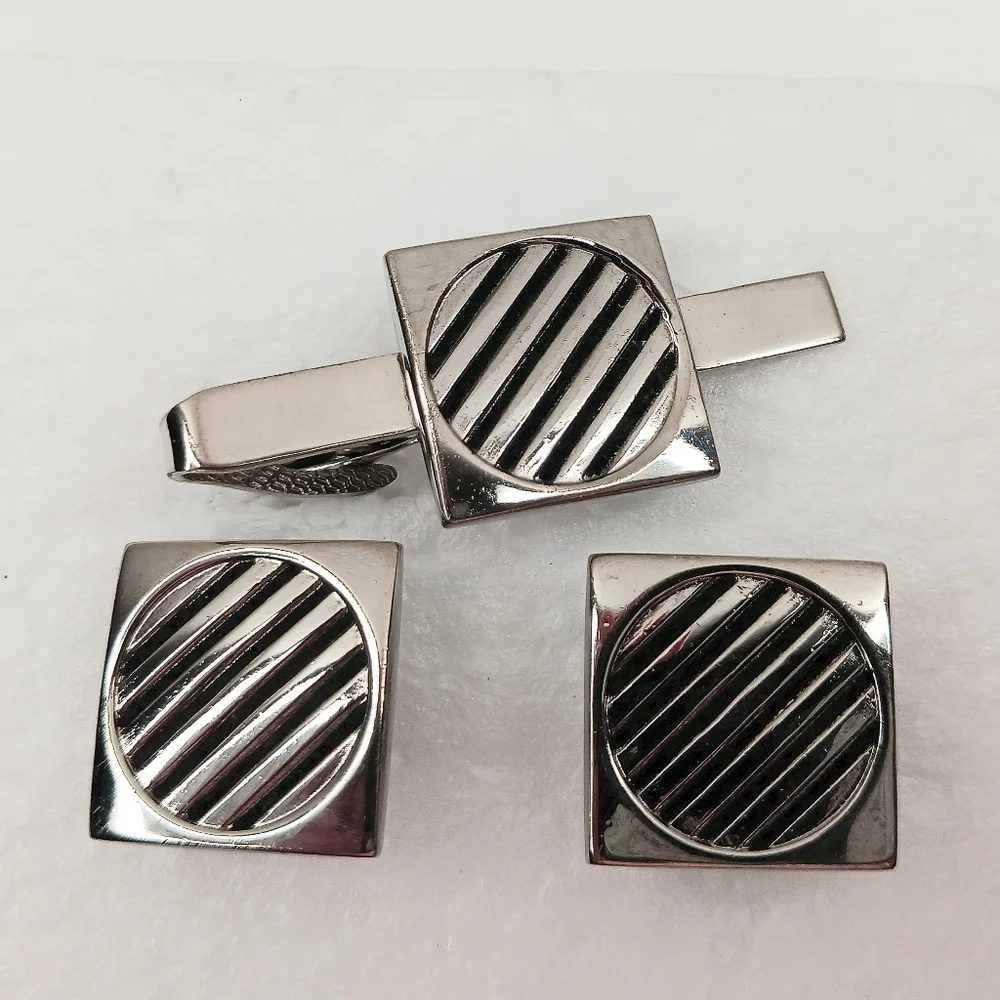 Tie Clip Bar, Cufflinks, Silver Black Vintage Space Age Graphics Classic Atomic